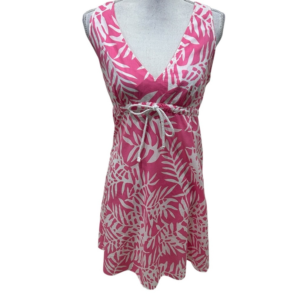 Skirtin Around boutique Pink & White Leaf print v neck sleeveless tie size 10